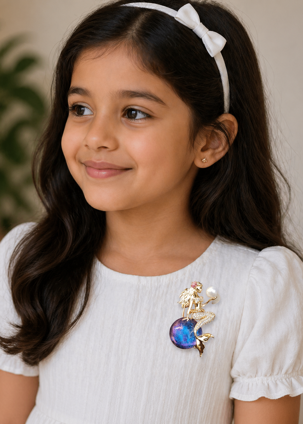 Young girl wearing a white blouse with a colorful brooch, against a neutral background