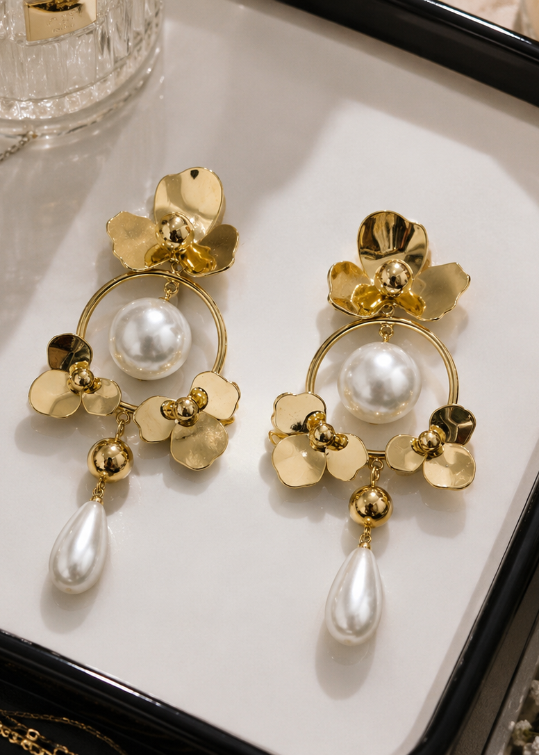 Pearl Blossom Gold Statement Earrings