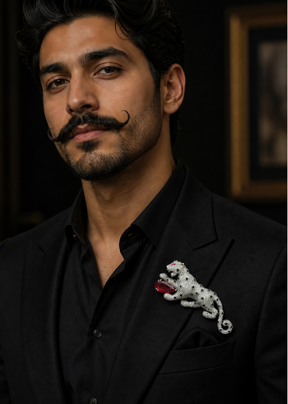 Model wearing Regal Red Panther Brooch on a black outfit showcasing the luxury panther design
