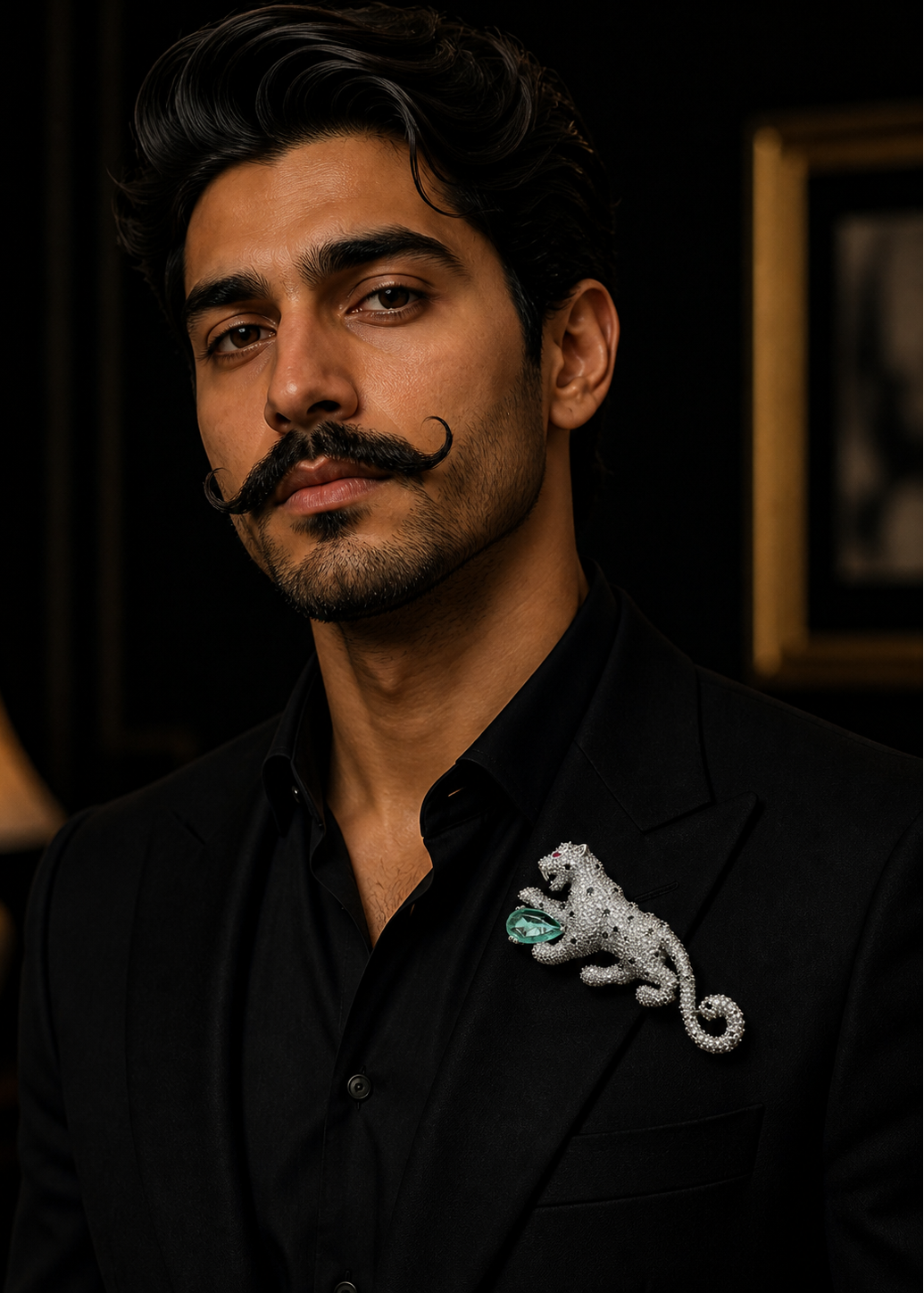 Man wearing a black suit with a decorative Panther brooch