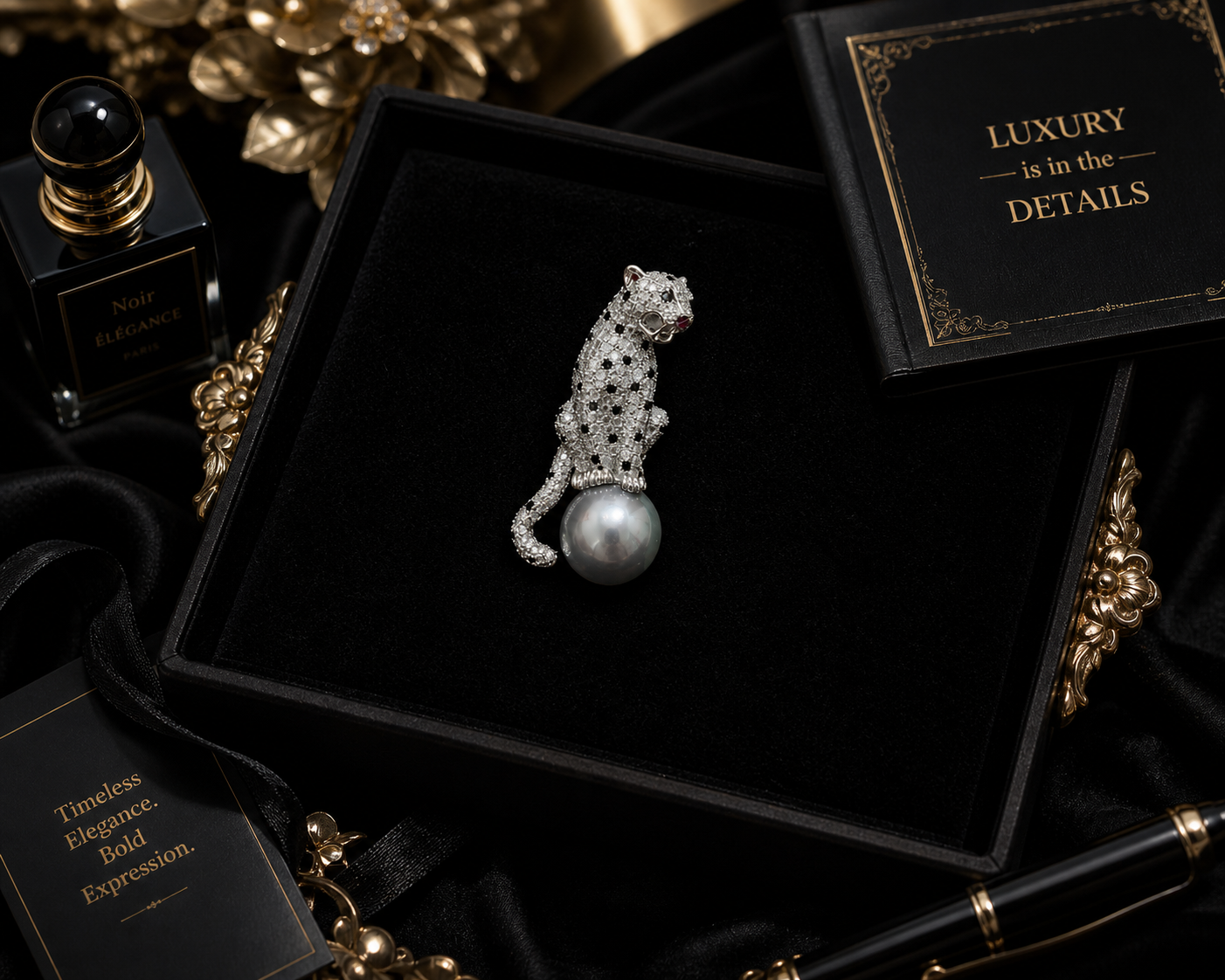 Midnight Panther Pearl Brooch