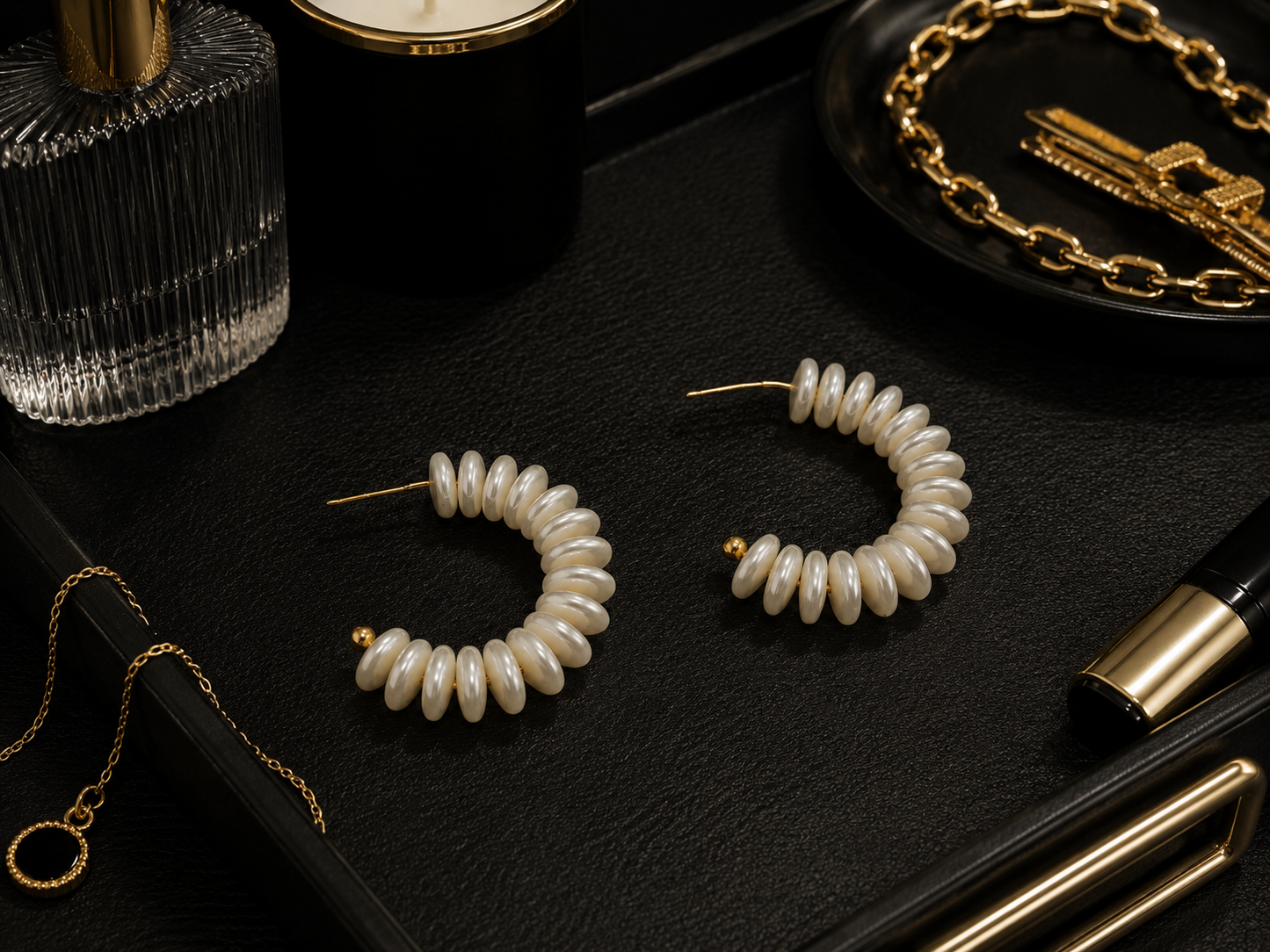 White Bead Pearl Hoop Earrings