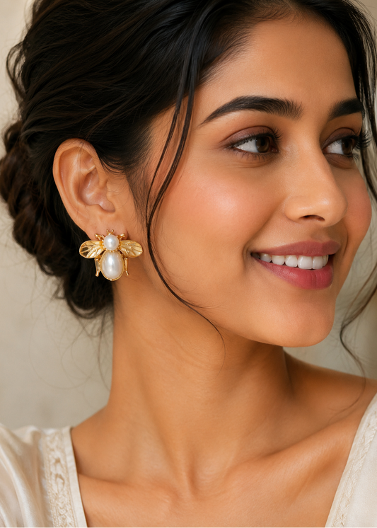 Pearl Bee Charm Studs