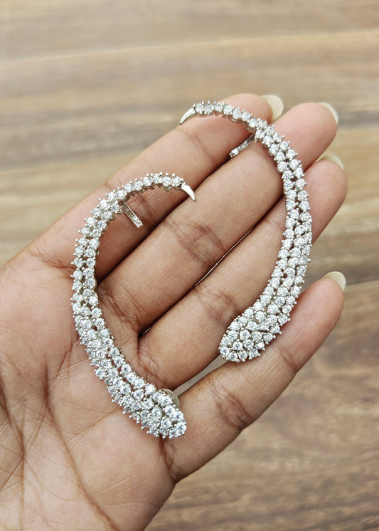 Celeste White Crystal Ear Cuff with shimmering white crystals and curved silver-tone ear climber design