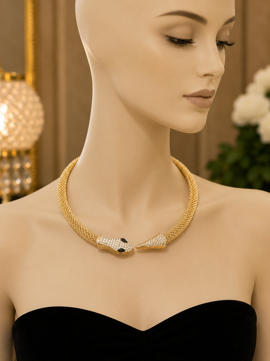Midnight Serpent Mesh Necklace displayed on a mannequin