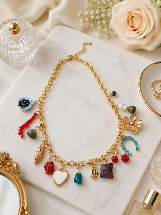 Coastal Charm Enamel Necklace shown in a styled flat lay