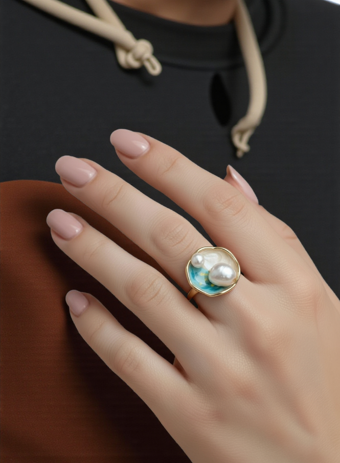 Aqua Pearl Enamel Ring
