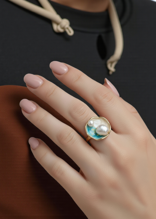 Aqua Pearl Enamel Ring