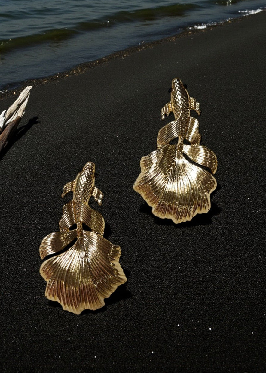 Golden Betta Fish Statement Earrings