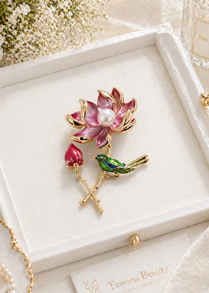 Decorative brooch with floral design on a white tray