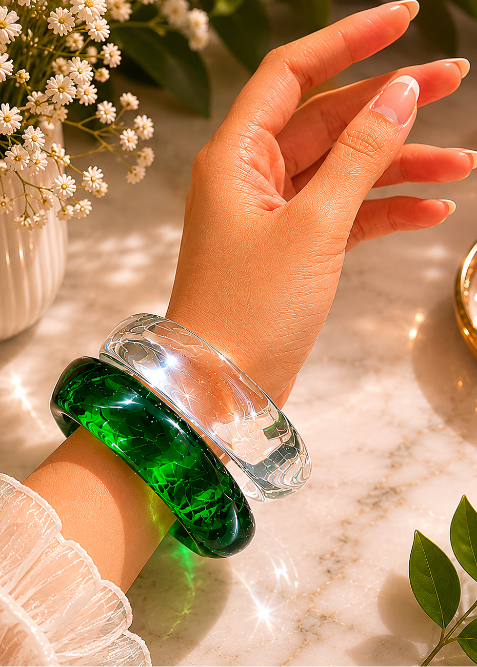 Emerald-Crystal Resin Bangle Set