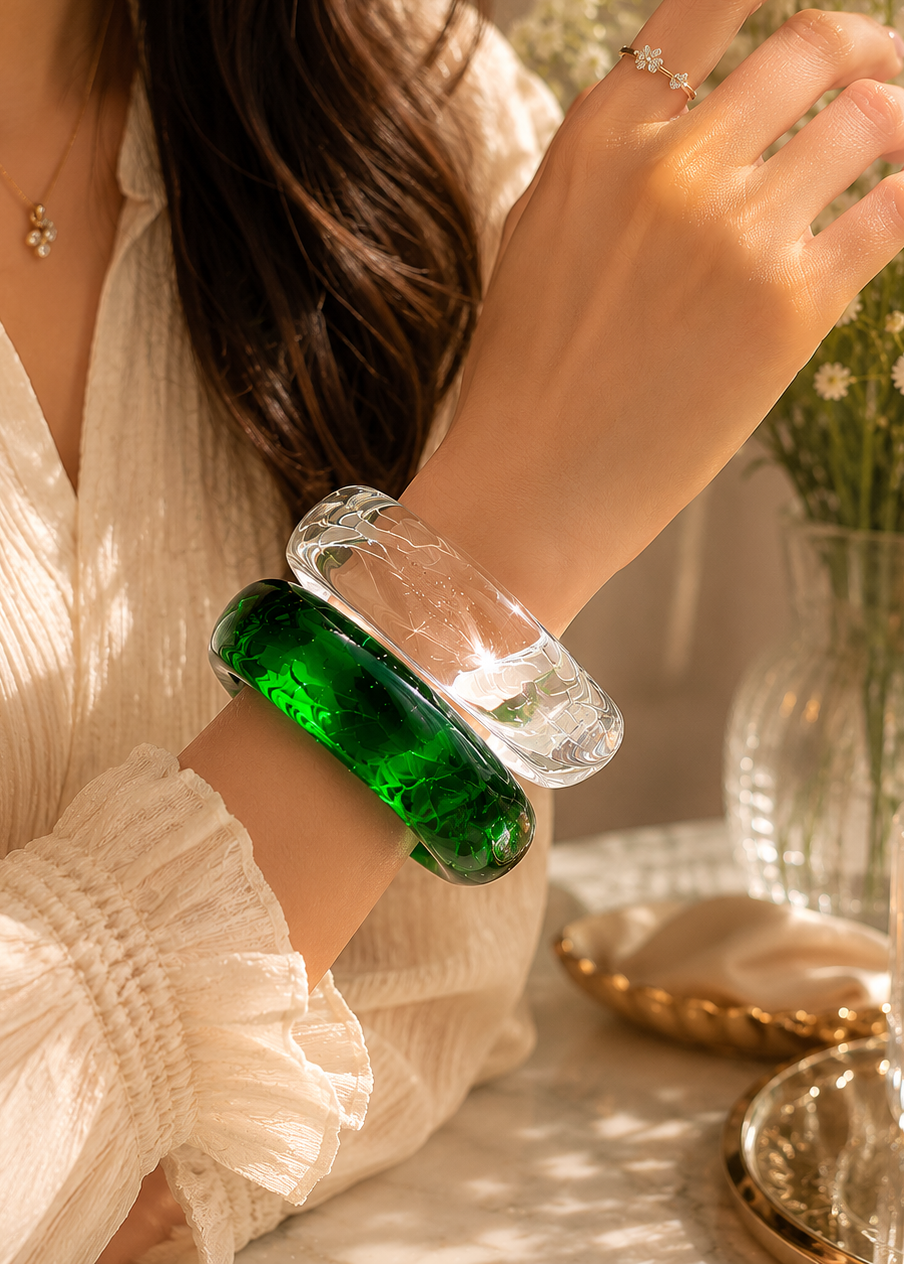 Emerald-Crystal Resin Bangle Set