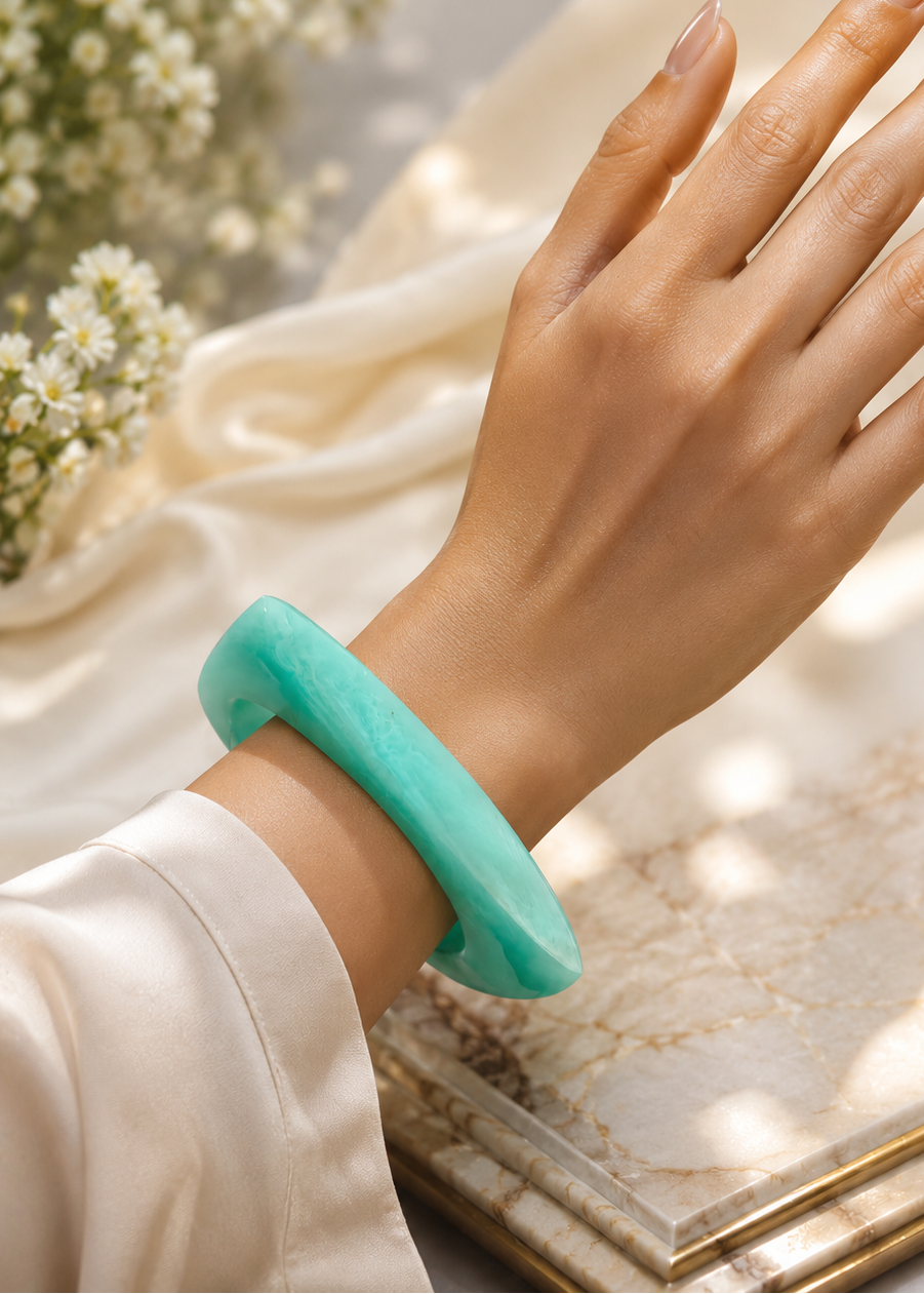 Aqua Mint Square Resin Bangle in blue resin worn on wrist