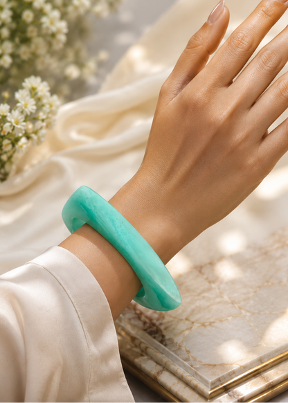 Aqua Mint Square Resin Bangle in blue resin worn on wrist