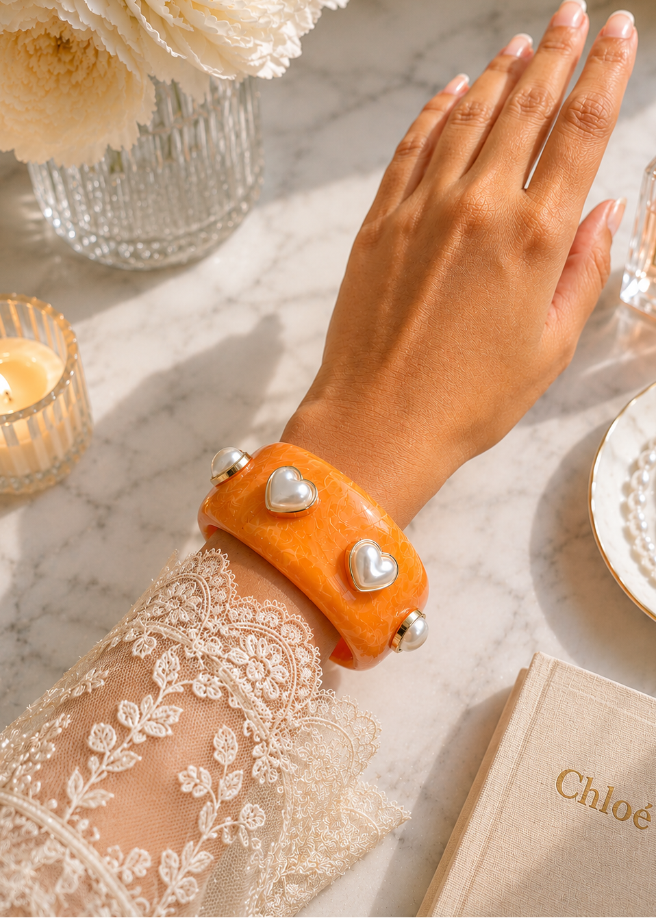 Orange Pearl Heart Bangle