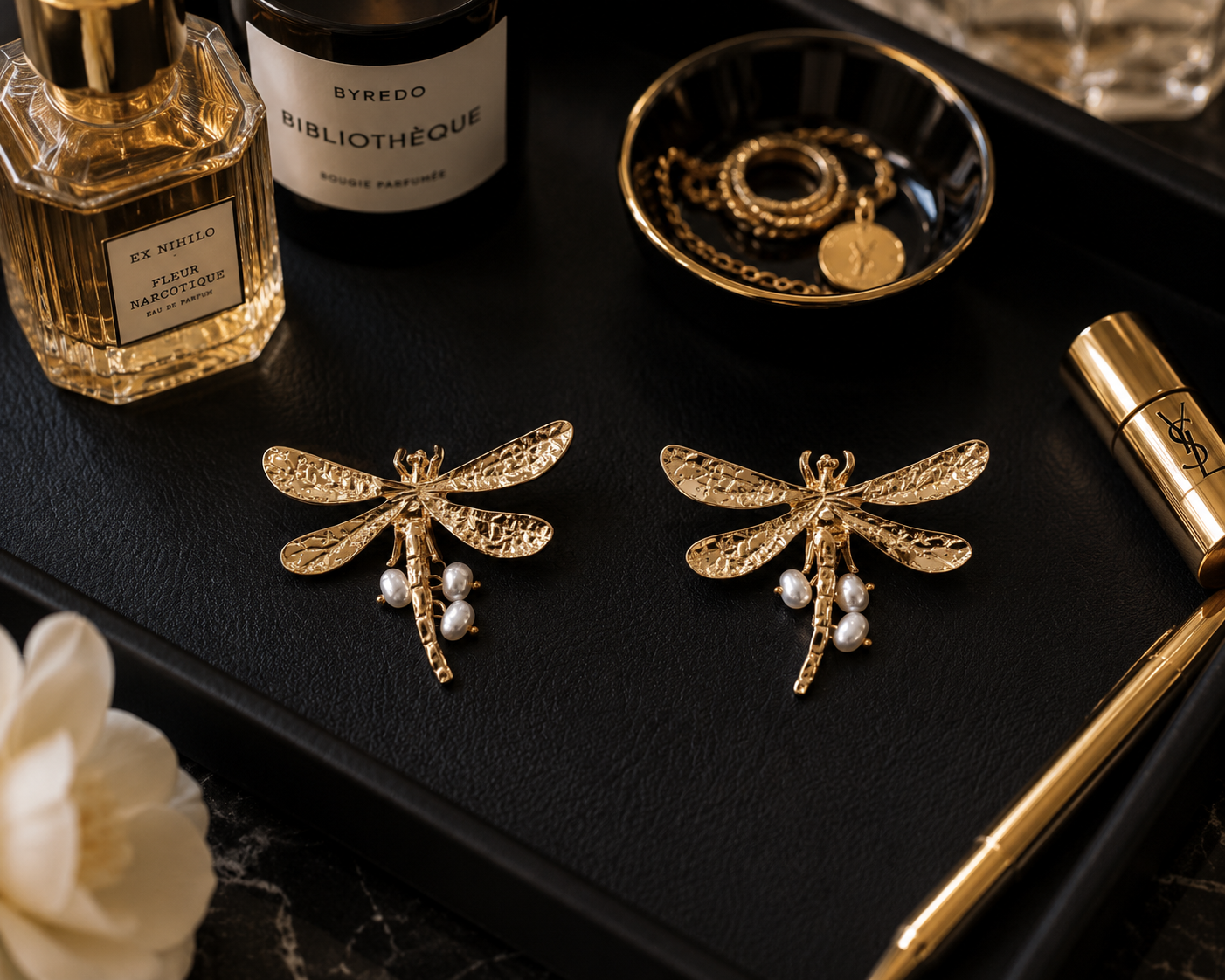 Golden Dragonfly Pearl Earrings