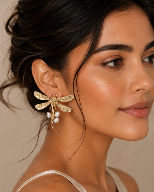 Golden Dragonfly Pearl Earrings