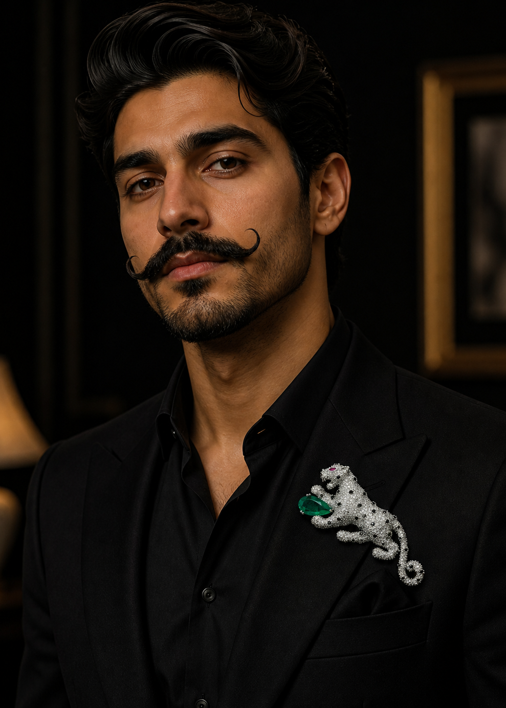 Man wearing a black suit with a decorative tiger brooch in an indoor setting