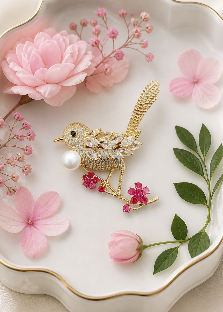 Decorative dish with a gold bird brooch, pink flowers, and green leaves on a beige background