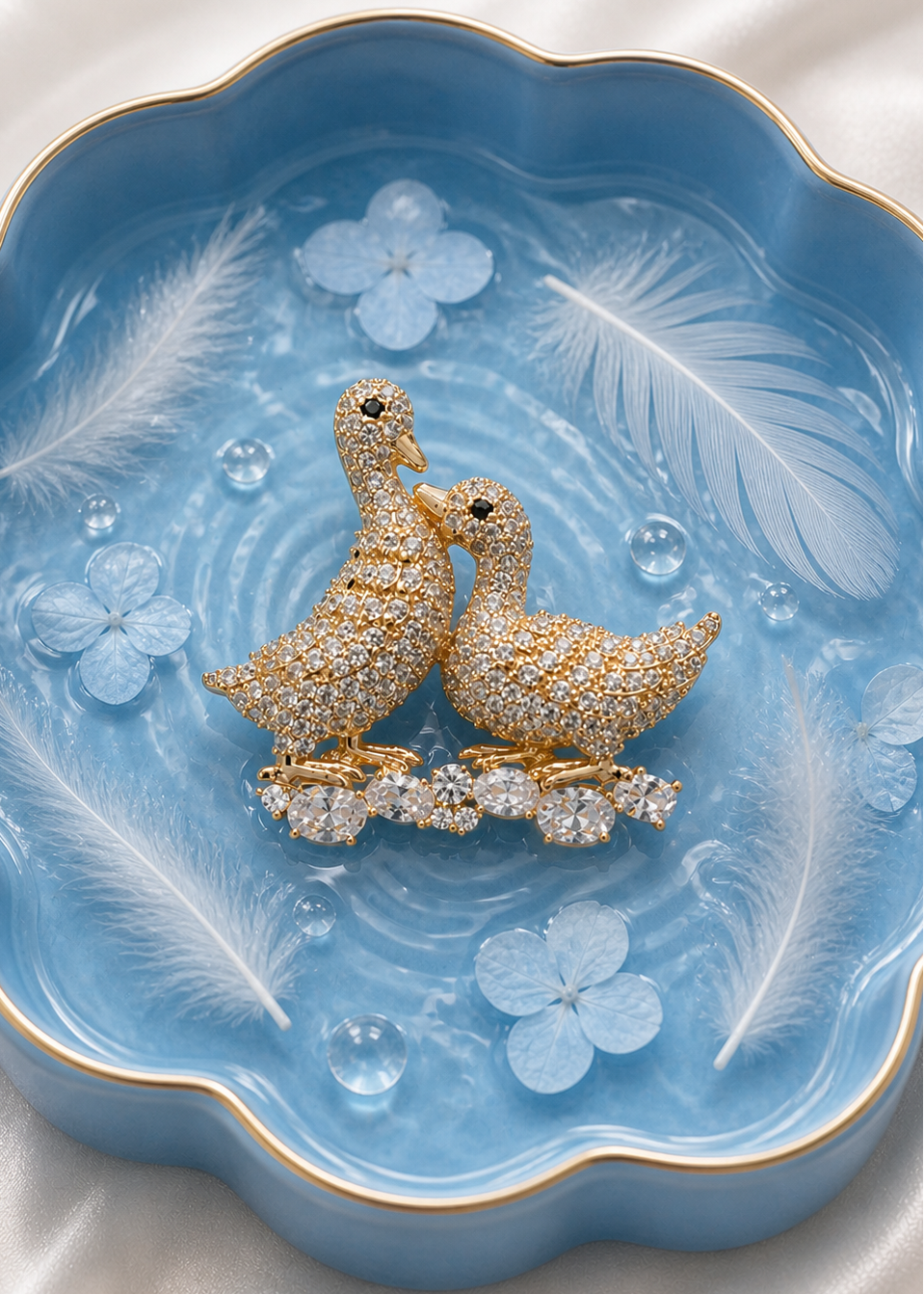 Two diamond-studded duck brooch on a decorative blue background.