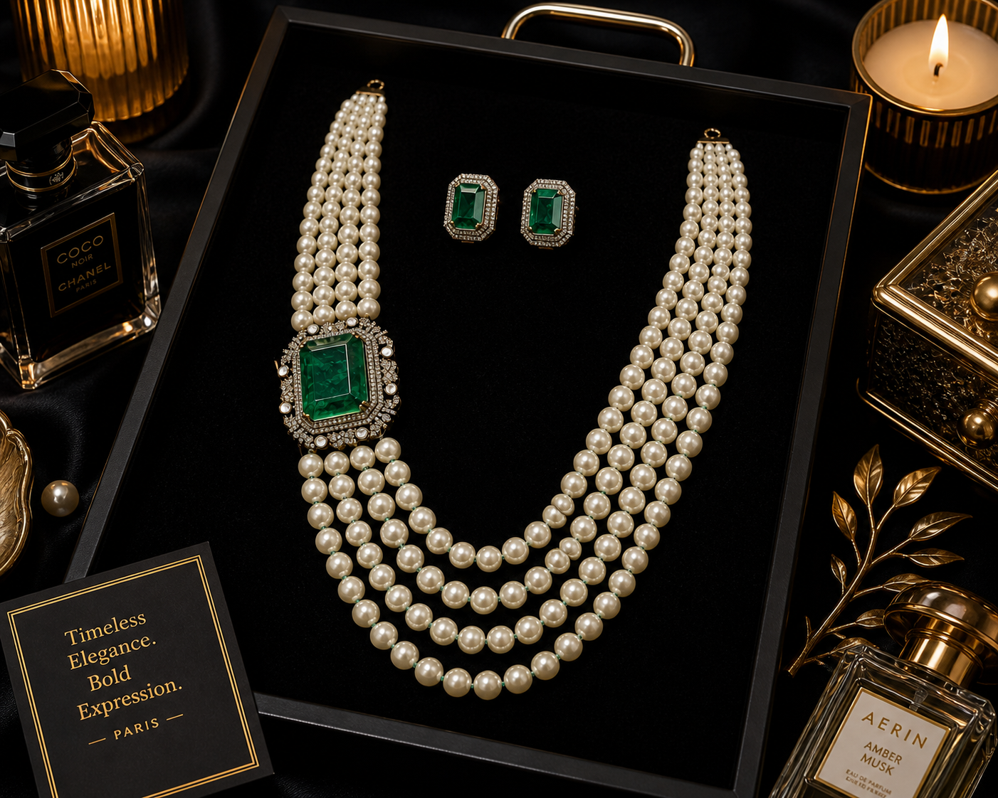 Emerald Pearl Necklace Set