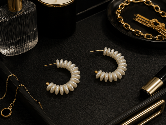 White Bead Pearl Hoop Earrings