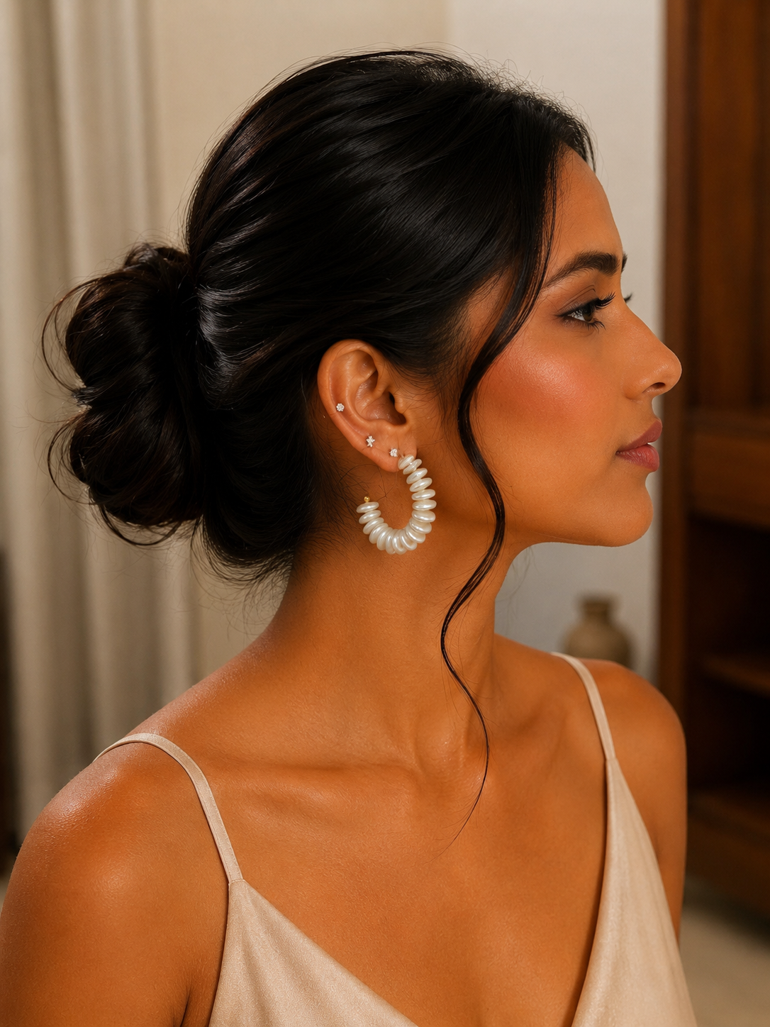 White Bead Pearl Hoop Earrings
