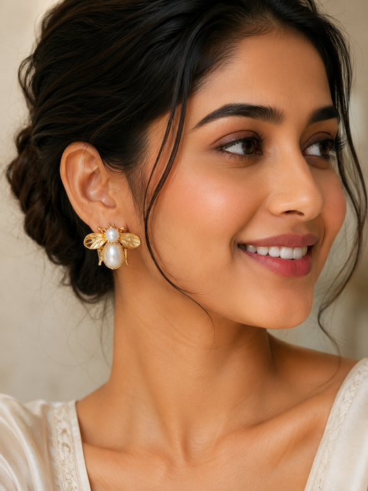 Pearl Bee Charm Studs