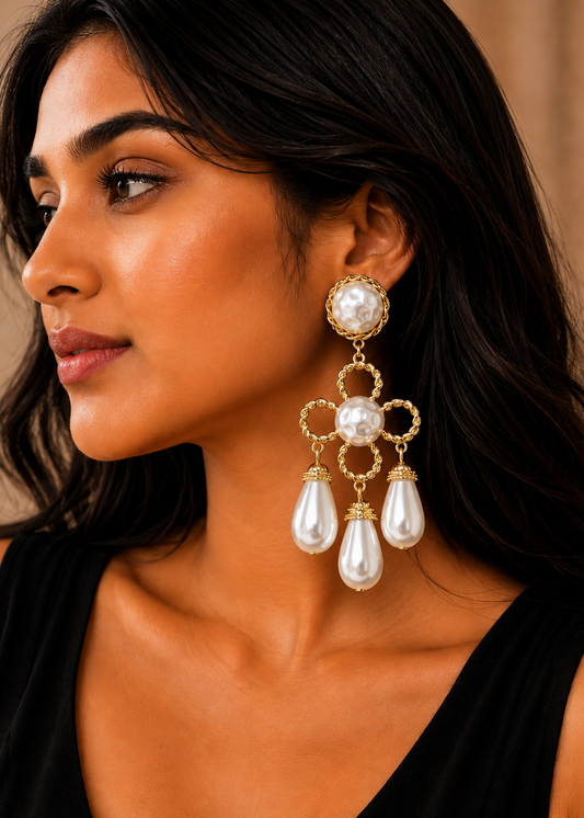 Woman wearing a pair of large, ornate earrings with pearls and gold accents.