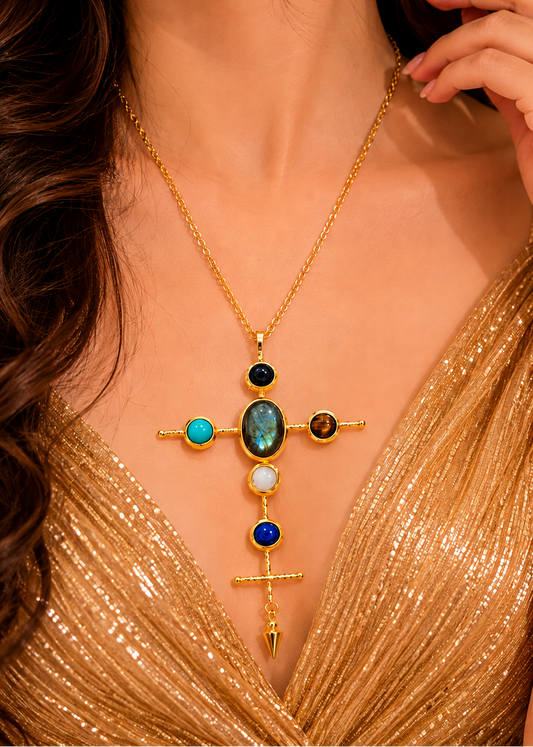 Gold Cross Natural Stone Pendant