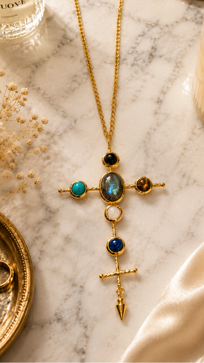 Gold Cross Natural Stone Pendant