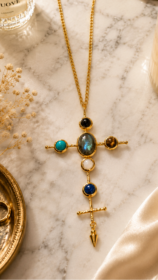 Gold Cross Natural Stone Pendant