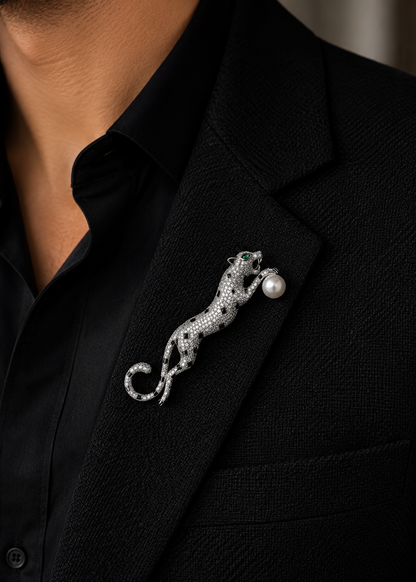 Midnight Pearl Panther Brooch worn close up on a black blazer