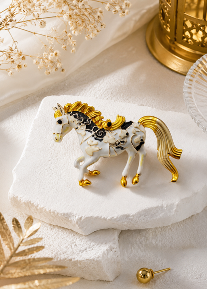 Golden Stallion Enamel Brooch displayed in a light studio flat lay