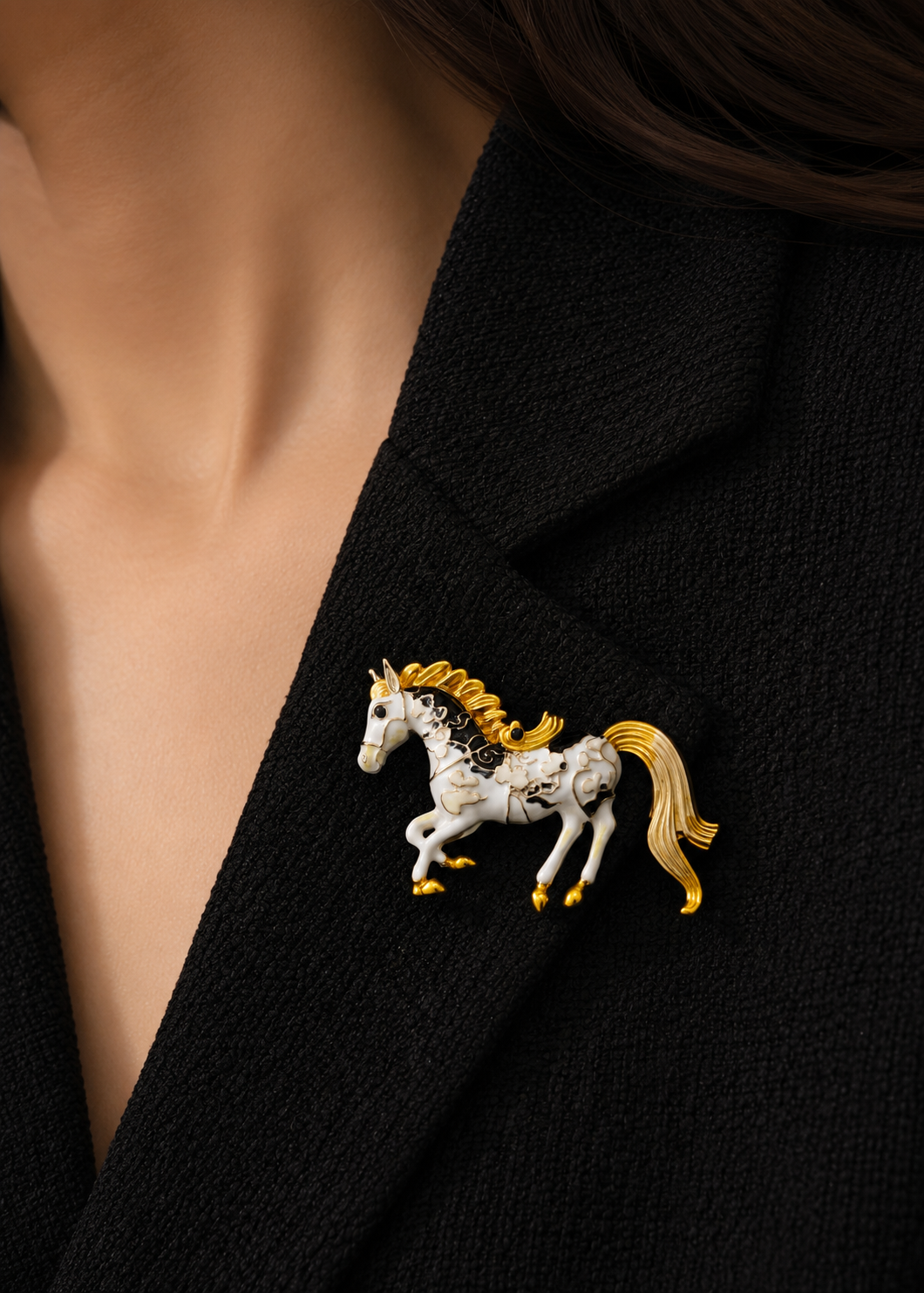 Golden Stallion Enamel Brooch worn on a black jacket