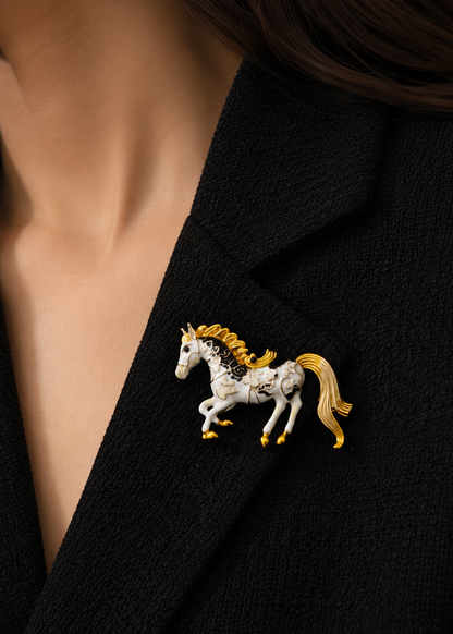 Golden Stallion Enamel Brooch worn on a black jacket