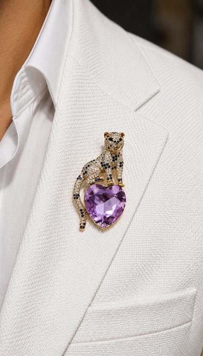 Lavender Heart Panther Brooch worn on a white jacket