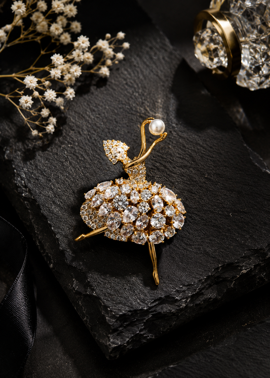 Pearl Pirouette Crystal Dancer Brooch displayed in a dark studio flat lay