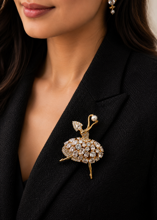 Pearl Pirouette Crystal Dancer Brooch worn on a black blazer