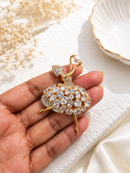 Pearl Pirouette Crystal Dancer Brooch shown close up in hand