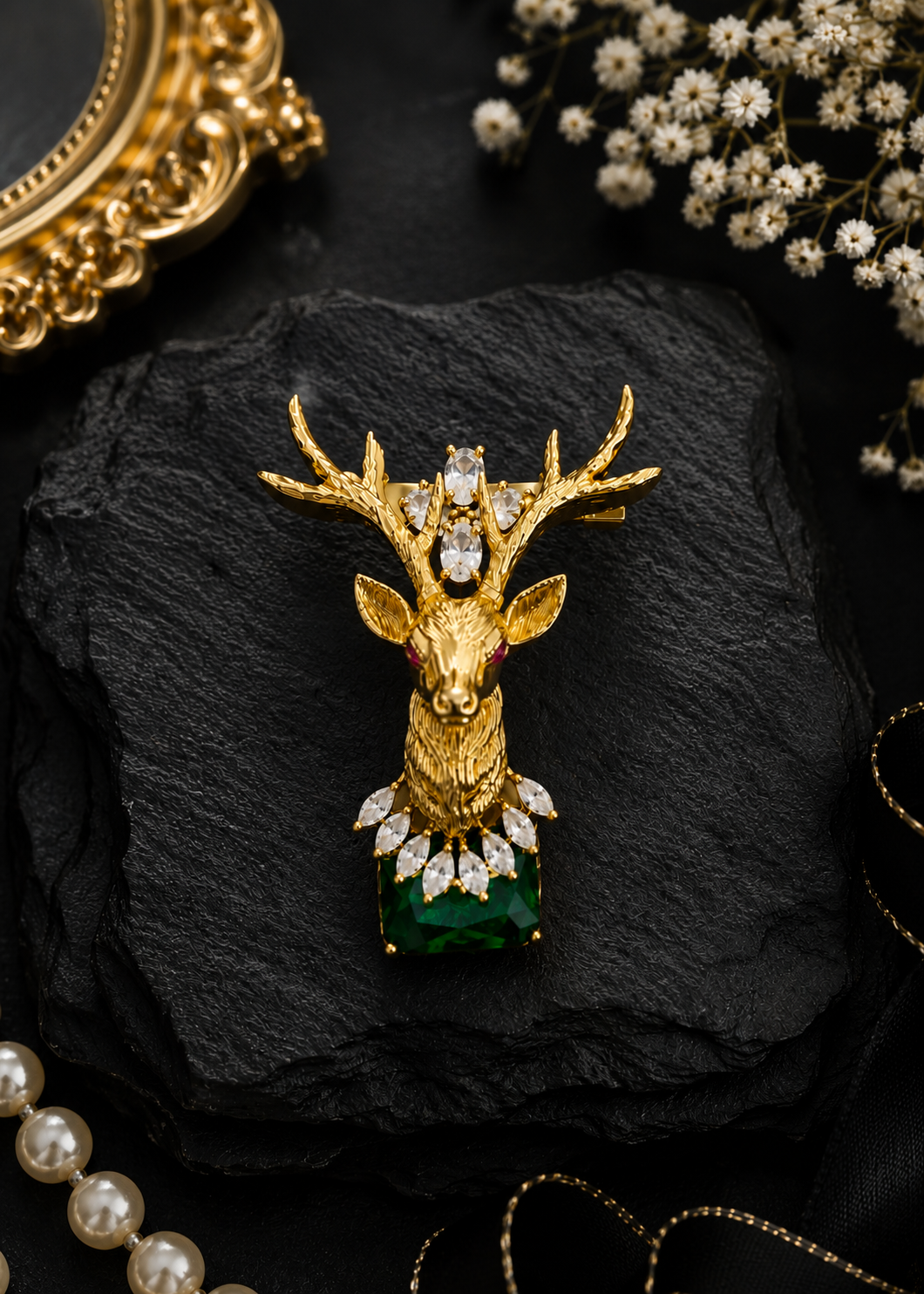 Emerald Crown Stag Crystal Brooch displayed in a dark studio flat lay