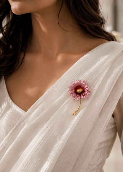 Blush Daisy Stem Brooch worn on a white sari