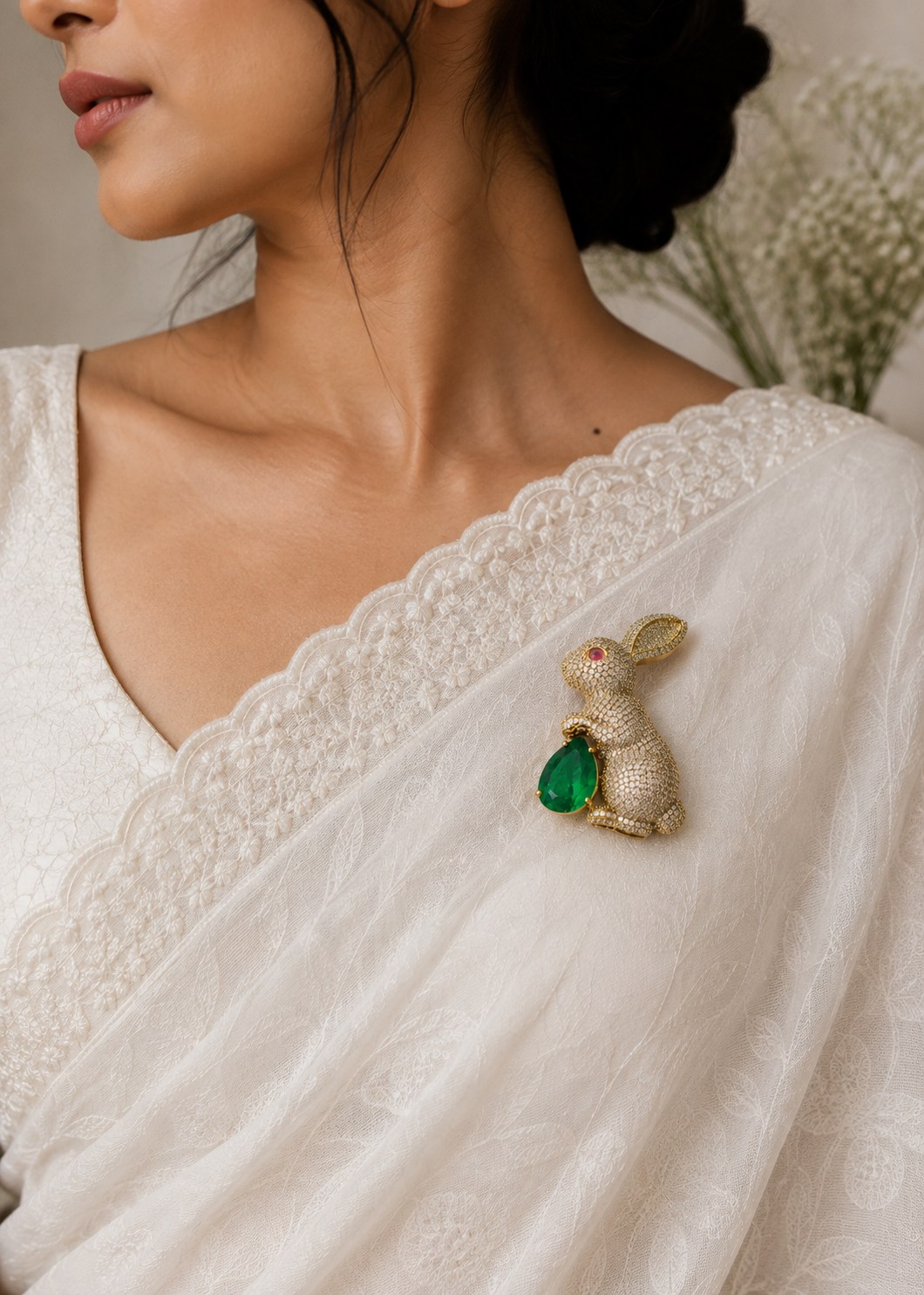 Emerald Bunny Crystal Brooch worn on a white sari