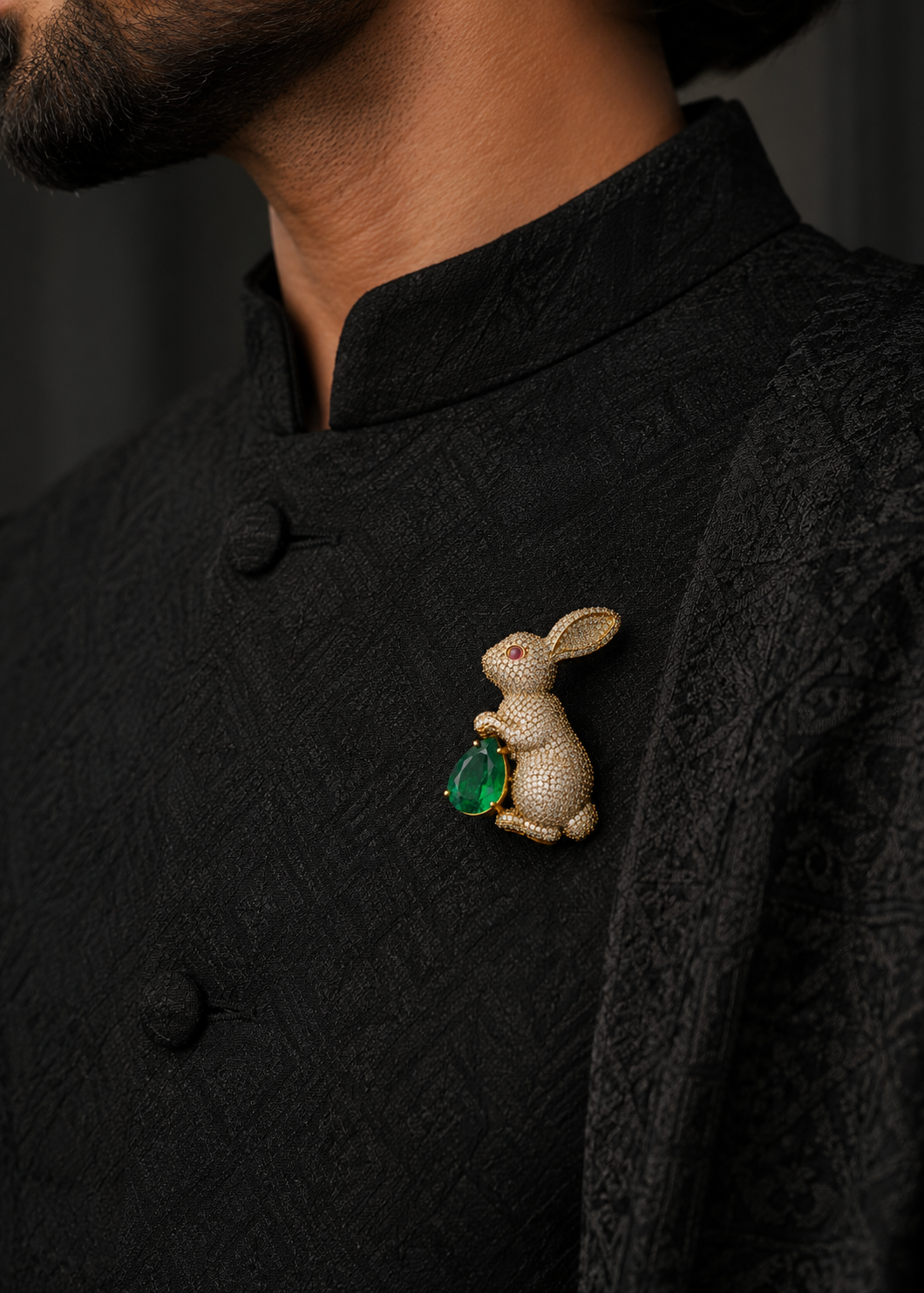 Emerald Bunny Crystal Brooch worn on a black traditional jacket