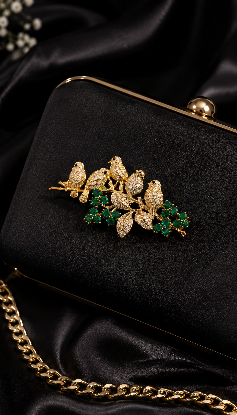 Emerald Songbird Floral Brooch styled on a black evening clutch