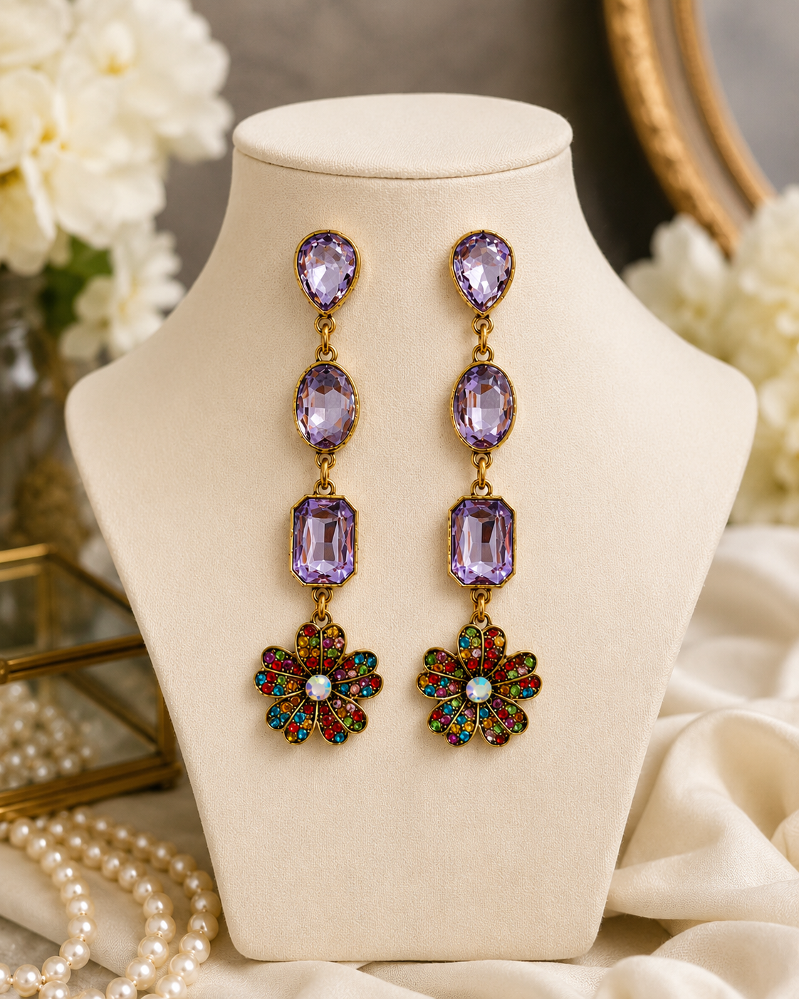 Lavender Bloom brass dangle earrings displayed on a jewellery bust