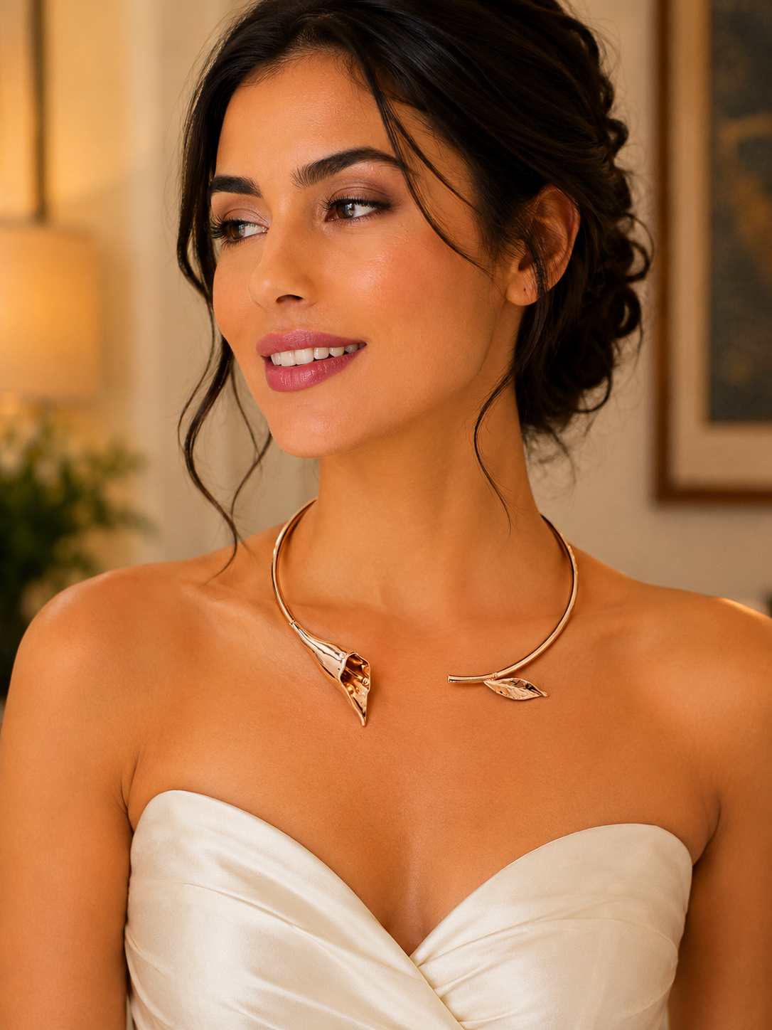 Calla Bloom rose-gold choker necklace worn by a model in white