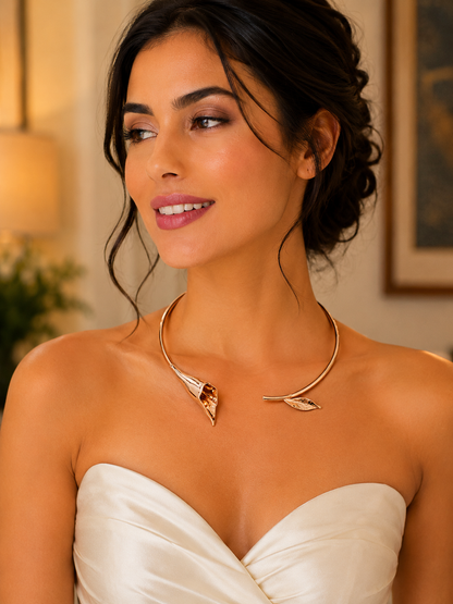Calla Bloom rose-gold choker necklace worn by a model in white
