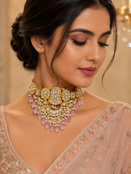 Blush Kundan Pearl Choker Necklace worn by model