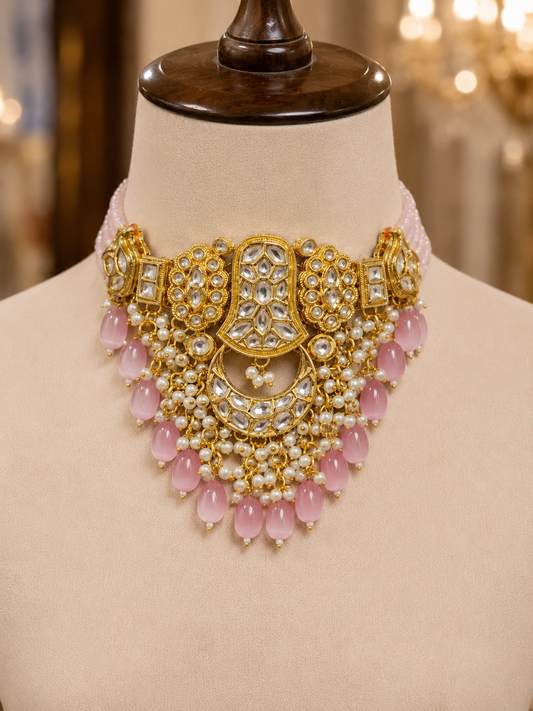 Blush Kundan Pearl Choker Necklace displayed on a jewellery bust